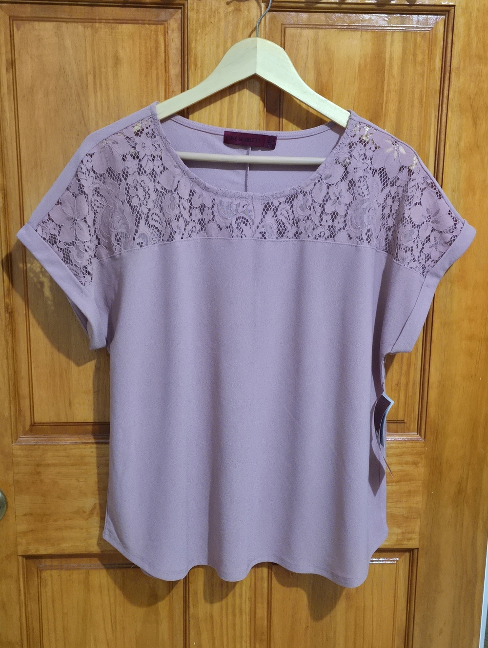 Women's Floral Lace Yoke Top Jewel Neck Short Sleeve Curved Hem sz XL